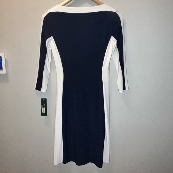NWT Lauren Ralph Lauren Sz 8
Navy White Sheath Dress Ruched Waist Color Block - Picture 5 of 11